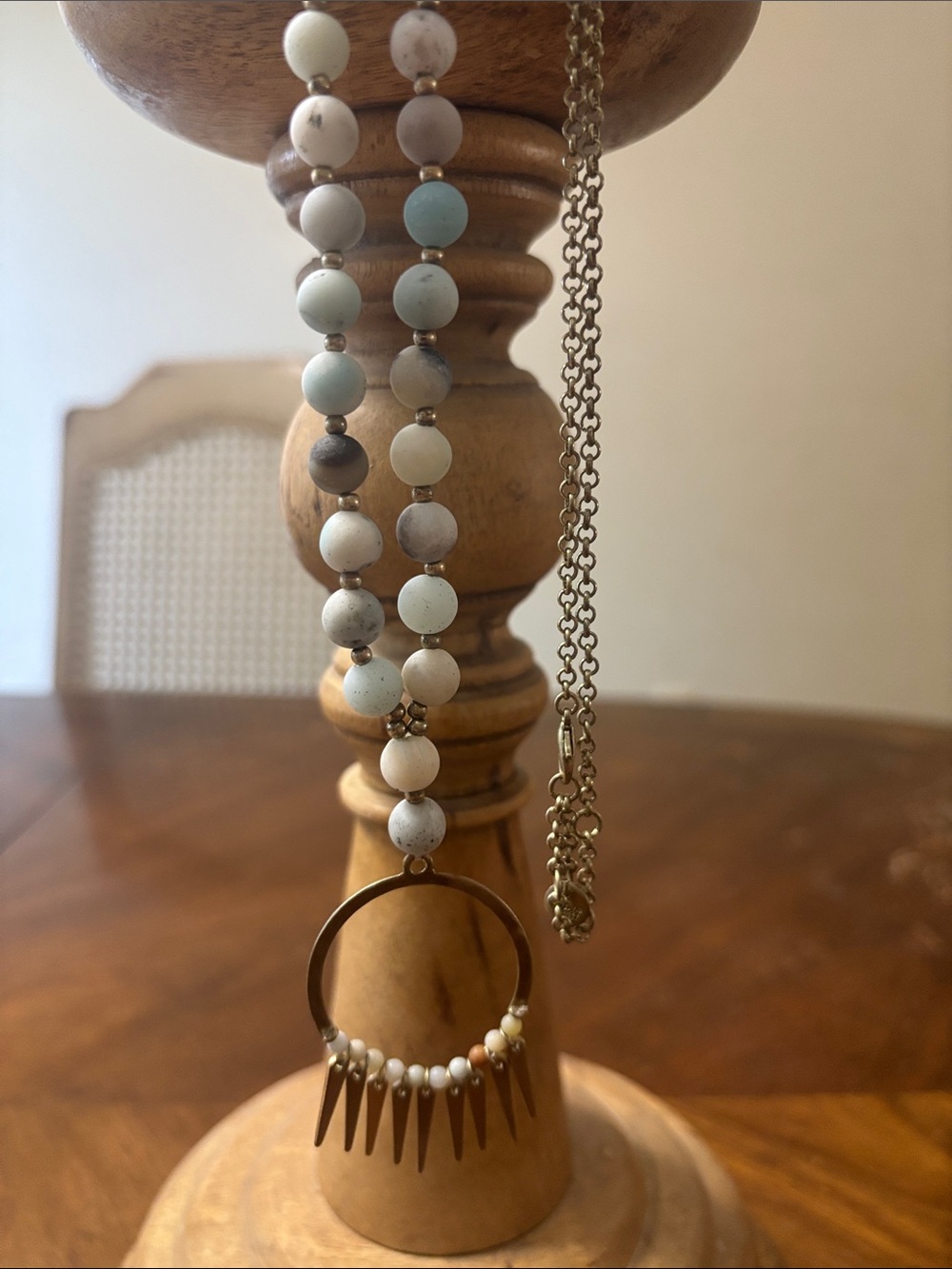 Marlyn Schiff Beaded Pendant Necklace in Soft Blue and Cream